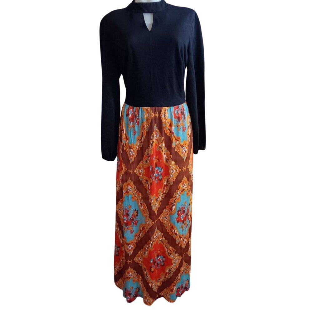 Vintage 12 Maxi Dress 1970's Floral Diamond Pattern Keyhole Neckline Acetate